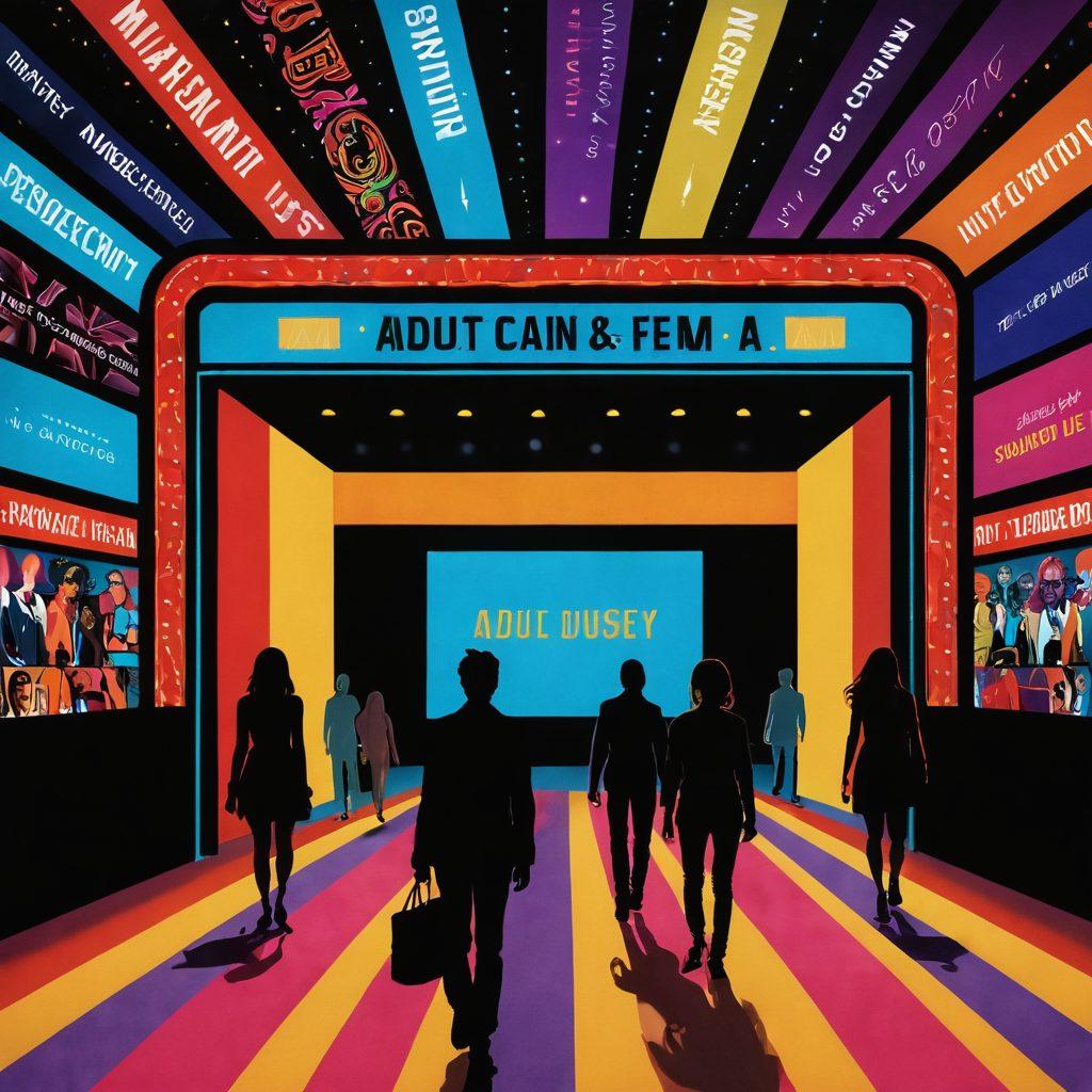An enticing digital collage showcasing a vibrant pathway lined with playful, colorful clips leading towards a grand cinema marquee that reads 'Adult Content Discovery'. The background features silhouettes of people engaging in various digital devices, symbolizing online exploration. Infuse elements of playful mischief, with animated details of film reels and artistic interpretations of adult themes. The overall tone should be inviting yet cheeky, capturing a fun and adventurous spirit. digital art. bright colors. movie theatre theme.