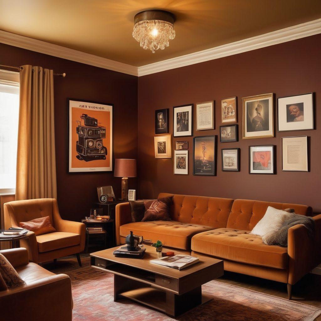 A sophisticated, warm-toned room with plush seating, movie posters subtly displayed on the walls, and a vintage projector casting images of abstract, tasteful cinema scenes. A coffee table adorned with film reels and a stylish book about adult cinema sits in the center, creating an inviting atmosphere for exploration. The lighting is soft and inviting, encouraging a cozy yet exploratory vibe. artistic, warm colors, contemporary style.